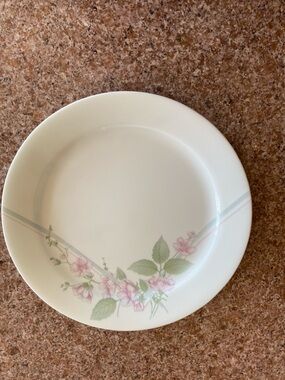 Delicate Pink Floral Dinner Plate in Soft Green Accents x3 .